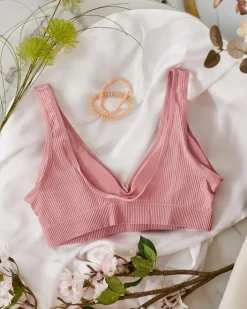 Sportowe^Royalfashion Damski biustonosz sportowy prążkowany różowy