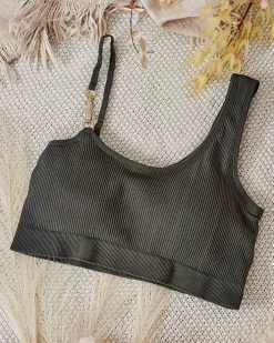 Codzienne^Royalfashion Damski biustonosz prążkowany z ozdobnym ramiączkiem zielony