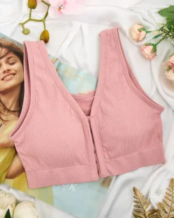 Sportowe^Royalfashion Damski biustonosz sportowy prążkowany różowy