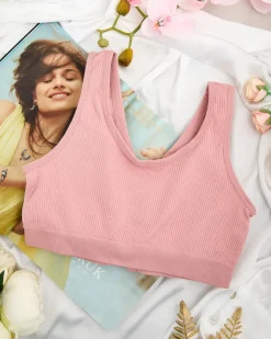 Sportowe^Royalfashion Damski biustonosz sportowy prążkowany różowy