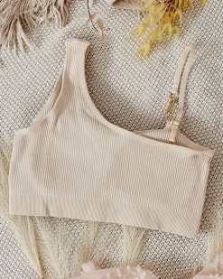 Codzienne^Royalfashion Damski biustonosz prążkowany z ozdobnym ramiączkiem beżowy