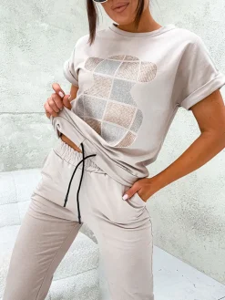 Komplety Damskie|Bluzki / Koszule / Koszulki^Royalfashion Damski komplet z cyrkoniami beżowy