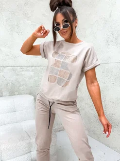 Komplety Damskie|Bluzki / Koszule / Koszulki^Royalfashion Damski komplet z cyrkoniami beżowy