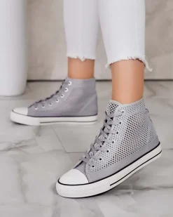 Trampki^Royalfashion Damskie ażurowe trampki Nizzef gołębi szary