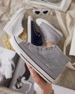 Trampki^Royalfashion Damskie ażurowe trampki Nizzef gołębi szary