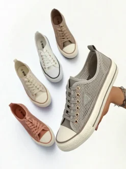 Trampki^Royalfashion Damskie ażurowe trampki Rebbse Jasny szary