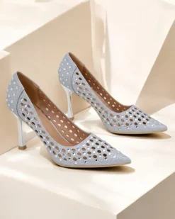 Szpilki|Klasyczne^Royalfashion Damskie ażurowe czółenka na szpilce Ecatte srebrny