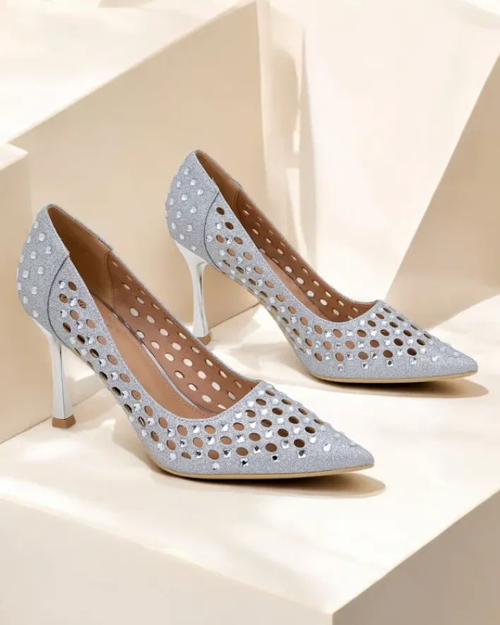 Szpilki|Klasyczne^Royalfashion Damskie ażurowe czółenka na szpilce Ecatte srebrny