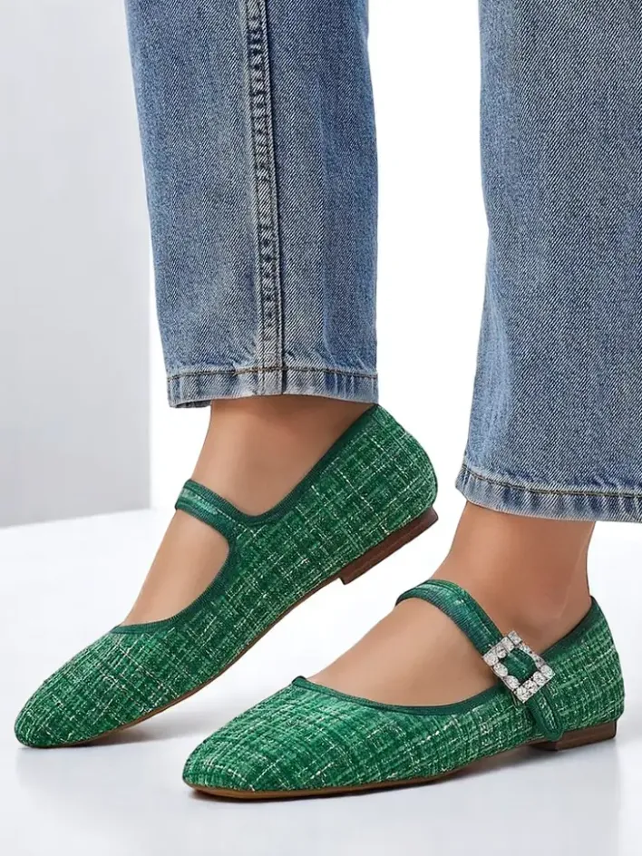 Buty Na Wielkie Wyjście|Baleriny Klasyczne^Royalfashion Damskie baleriny w krateczkę z klamerką i paseczkiem Riffos zielony