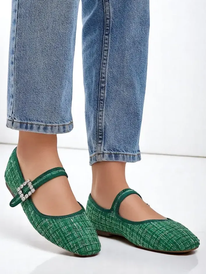 Buty Na Wielkie Wyjście|Baleriny Klasyczne^Royalfashion Damskie baleriny w krateczkę z klamerką i paseczkiem Riffos zielony