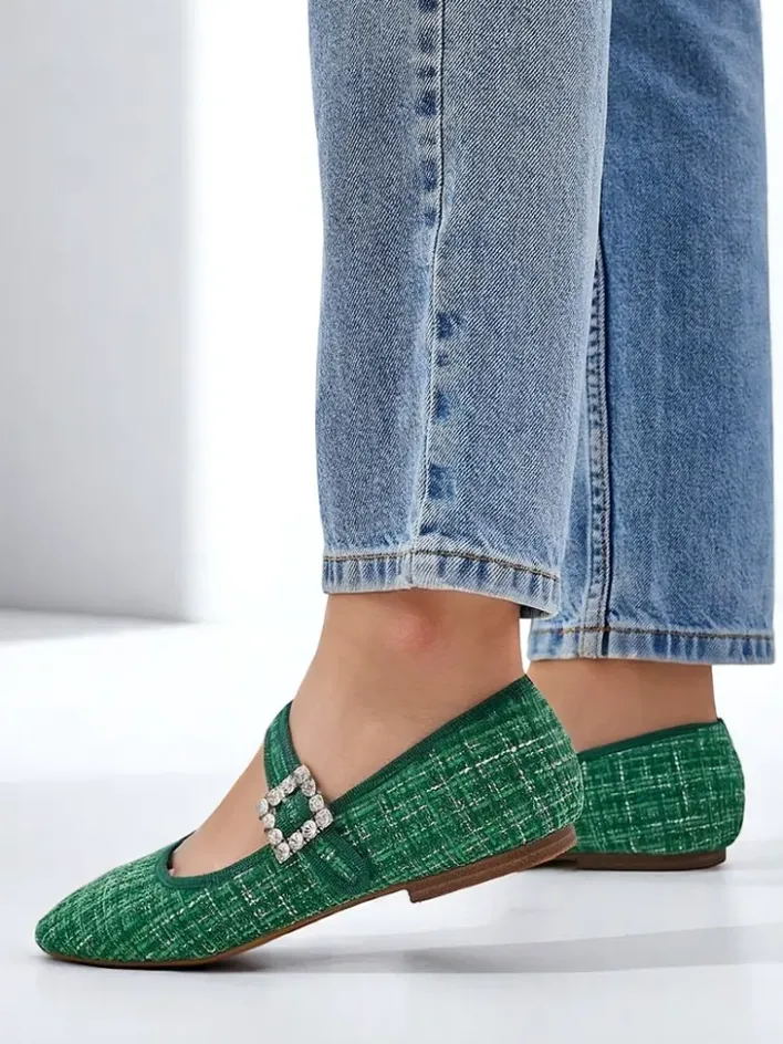 Buty Na Wielkie Wyjście|Baleriny Klasyczne^Royalfashion Damskie baleriny w krateczkę z klamerką i paseczkiem Riffos zielony