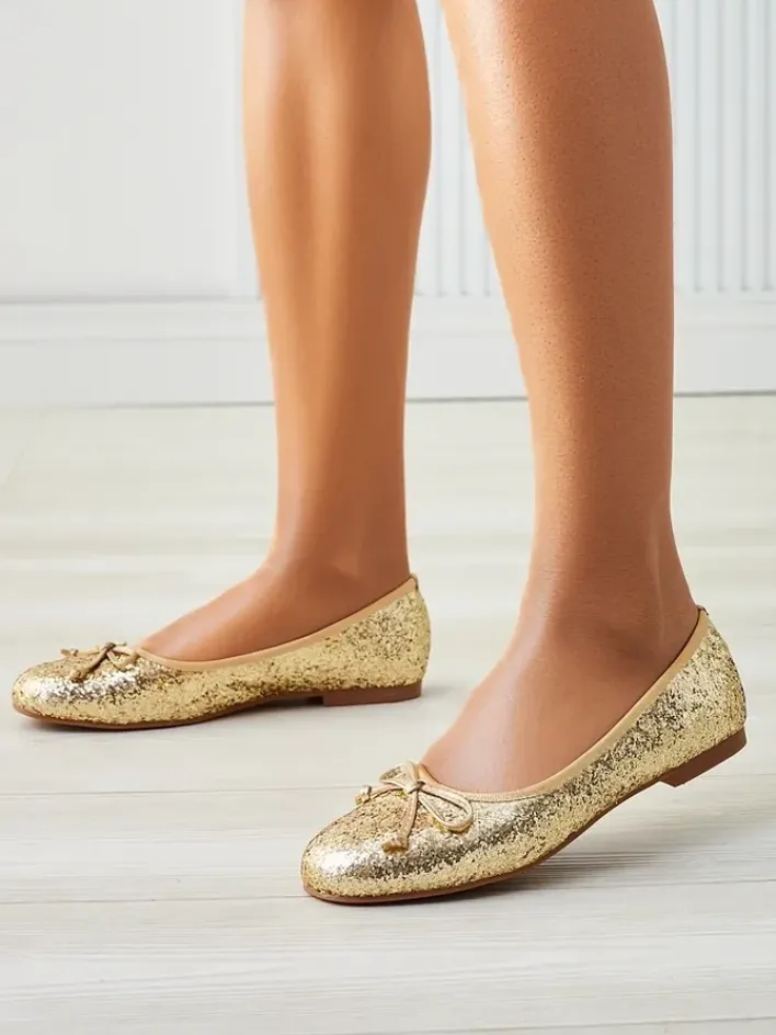 Buty Na Wielkie Wyjście|Baleriny Klasyczne^Royalfashion Damskie baleriny z brokatem i kokardką Aramie złoty