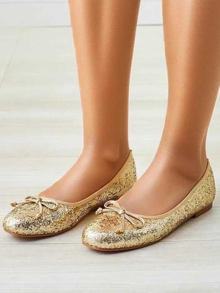 Buty Na Wielkie Wyjście|Baleriny Klasyczne^Royalfashion Damskie baleriny z brokatem i kokardką Aramie złoty