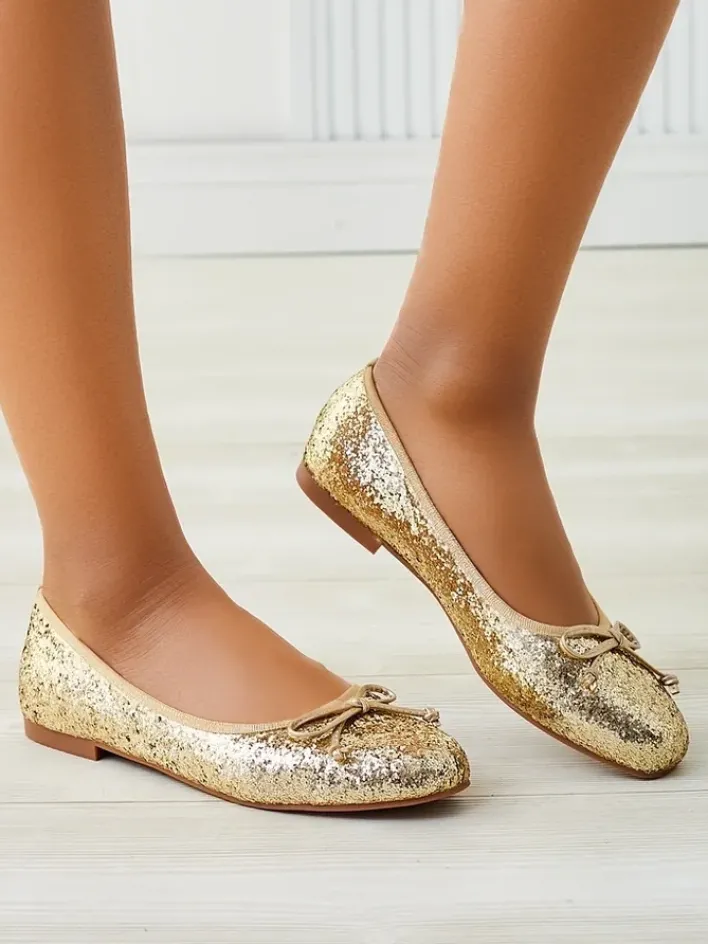 Buty Na Wielkie Wyjście|Baleriny Klasyczne^Royalfashion Damskie baleriny z brokatem i kokardką Aramie złoty