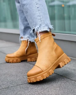 Botki Bez Ocieplenia|Botki Na Płaskim Obcasie^Royalfashion Damskie botki na płaskim obcasie w camelowym kolorze Leffoi brązowy