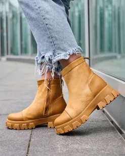 Botki Bez Ocieplenia|Botki Na Płaskim Obcasie^Royalfashion Damskie botki na płaskim obcasie w camelowym kolorze Leffoi brązowy