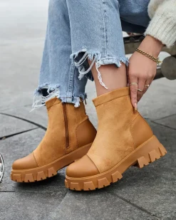 Botki Bez Ocieplenia|Botki Na Płaskim Obcasie^Royalfashion Damskie botki na płaskim obcasie w camelowym kolorze Leffoi brązowy