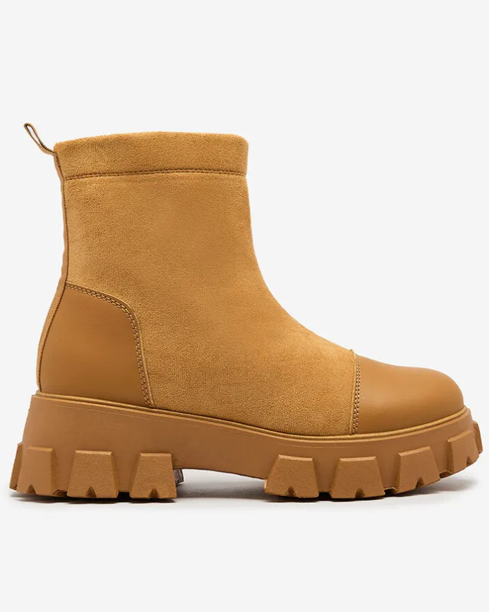 Botki Bez Ocieplenia|Botki Na Płaskim Obcasie^Royalfashion Damskie botki na płaskim obcasie w camelowym kolorze Leffoi brązowy