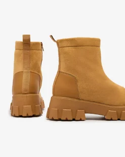 Botki Bez Ocieplenia|Botki Na Płaskim Obcasie^Royalfashion Damskie botki na płaskim obcasie w camelowym kolorze Leffoi brązowy