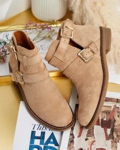 Botki Bez Ocieplenia|Botki Na Płaskim Obcasie^Royalfashion Damskie botki z wycięciami Geronsa brązowy