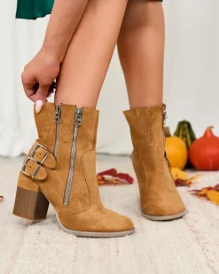 Botki Bez Ocieplenia|Botki Na Słupku^Royalfashion Damskie owe botki ze zdobieniem Feirrgo Camel