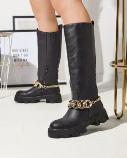 Kozaki Na Płaskim Obcasie|Kozaki Z Ociepleniem^Royalfashion Damskie czarne kozaki z łańcuszkiem Sudzi czarny