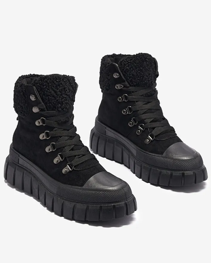 Botki Bez Ocieplenia|Botki Na Platformie^Royalfashion Damskie czarne eko-zamszowe botki z kożuszkiem Vetic czarny