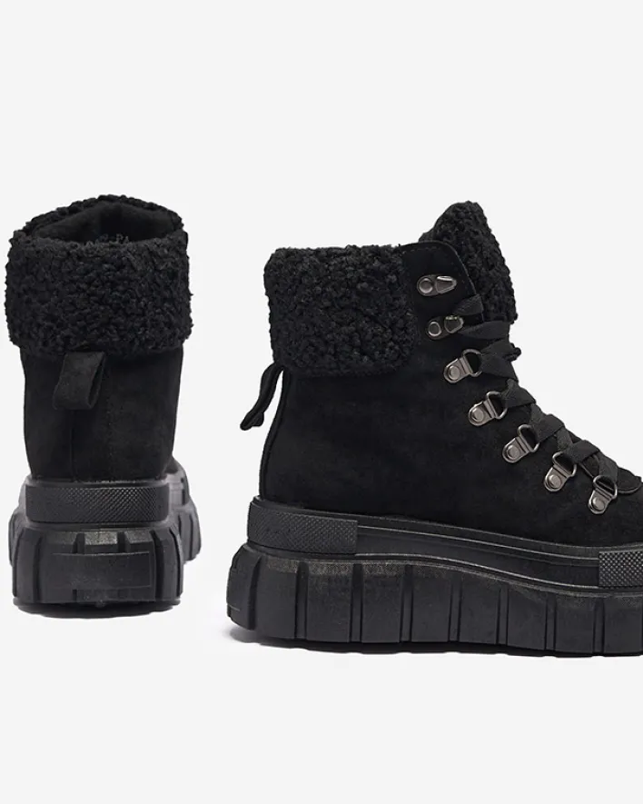 Botki Bez Ocieplenia|Botki Na Platformie^Royalfashion Damskie czarne eko-zamszowe botki z kożuszkiem Vetic czarny