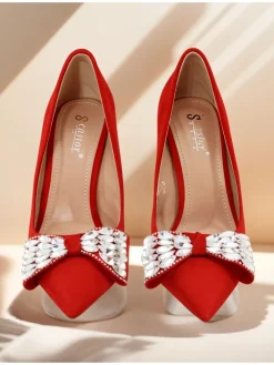 Szpilki|Klasyczne^Royalfashion Damskie czółenka na szpilce z kokardką Cocarte czerwony