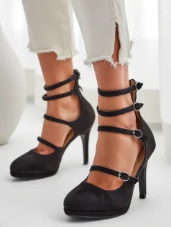 Klasyczne^Royalfashion Damskie czółenka na słupku z paseczkami Celose czarny