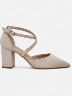 Klasyczne^Royalfashion Damskie czółenka eko zamszowe z paseczkami Kanastru beżowy