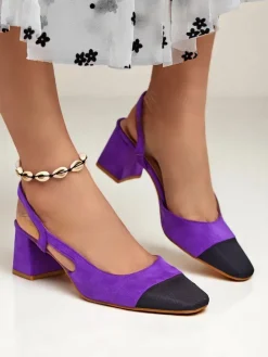 Klasyczne^Royalfashion Damskie czółenka na niskim obcasie z ozdobnym noskiem Eleganzo fioletowy