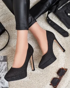 Buty Na Wielkie Wyjście|Klasyczne^Royalfashion Damskie czółenka na słupku z brokatem Atekita czarny