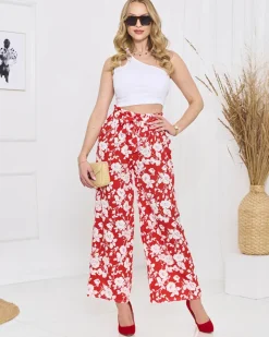 Spodnie Materiałowe^Royalfashion Damskie czerwone kwiatowe spodnie typu palazzo czerwony