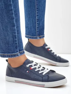 Trampki^Royalfashion Damskie eko skórzane trampki Keopsa Granatowy