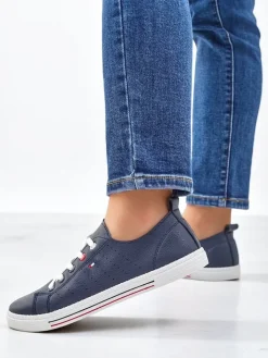 Trampki^Royalfashion Damskie eko skórzane trampki Keopsa Granatowy