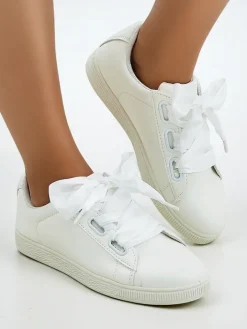 Trampki^Royalfashion Damskie eko skórzane trampki z ozdobnymi sznurówkami Etti biały