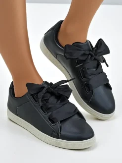 Trampki^Royalfashion Damskie eko skórzane trampki z ozdobnymi sznurówkami Etti czarny