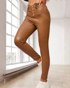 Legginsy / Tregginsy^Royalfashion Damskie eko-skórzane ocieplane legginsy w kolorze jasnom brązowy