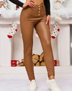 Legginsy / Tregginsy^Royalfashion Damskie eko-skórzane ocieplane legginsy w kolorze jasnom brązowy