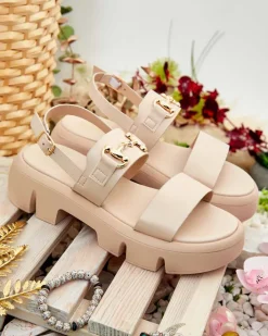 Sandały Płaskie^Royalfashion Damskie eko-skórzane sandały na platformie Avemil beżowy