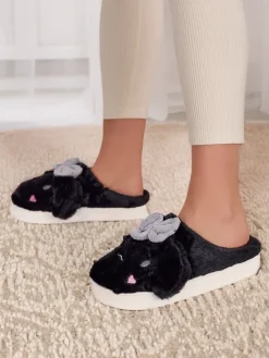 Kapcie^Royalfashion Damskie futrzane kapcie z kokardką Savos czarny