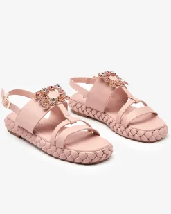 Sandały Płaskie^Royalfashion Damskie jasnoróżowe sandały z ozdobną klamerką Govy różowy