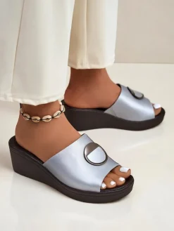 Klapki Na Obcasie^Royalfashion Damskie klapki na koturnie Elira srebrny