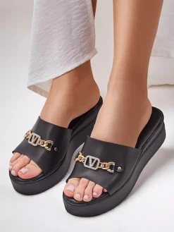 Klapki Na Obcasie^Royalfashion Damskie klapki na koturnie Dalimma czarny