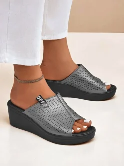 Klapki Na Obcasie^Royalfashion Damskie klapki na koturnie Luna Wedge grafit