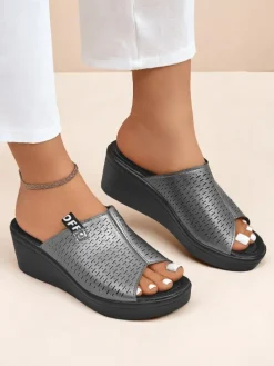 Klapki Na Obcasie^Royalfashion Damskie klapki na koturnie Luna Wedge grafit