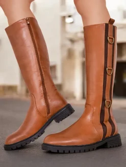 Kozaki Na Płaskim Obcasie|Kozaki Bez Ocieplenia^Royalfashion Damskie kozaki Delroz brązowy