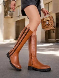 Kozaki Na Płaskim Obcasie|Kozaki Bez Ocieplenia^Royalfashion Damskie kozaki Delroz brązowy