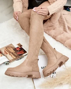 Kozaki Na Płaskim Obcasie|Kozaki Z Ociepleniem^Royalfashion Damskie kozaki za kolano Ridesel jasny brązowy